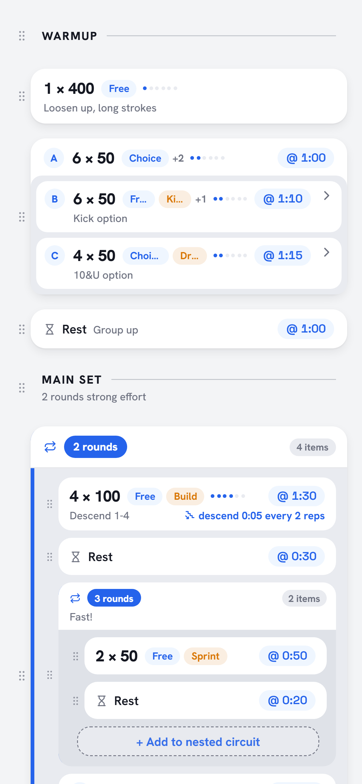 The SwimZen iPhone app showing a practice in the Set Builder with a warmup and a two-round main set